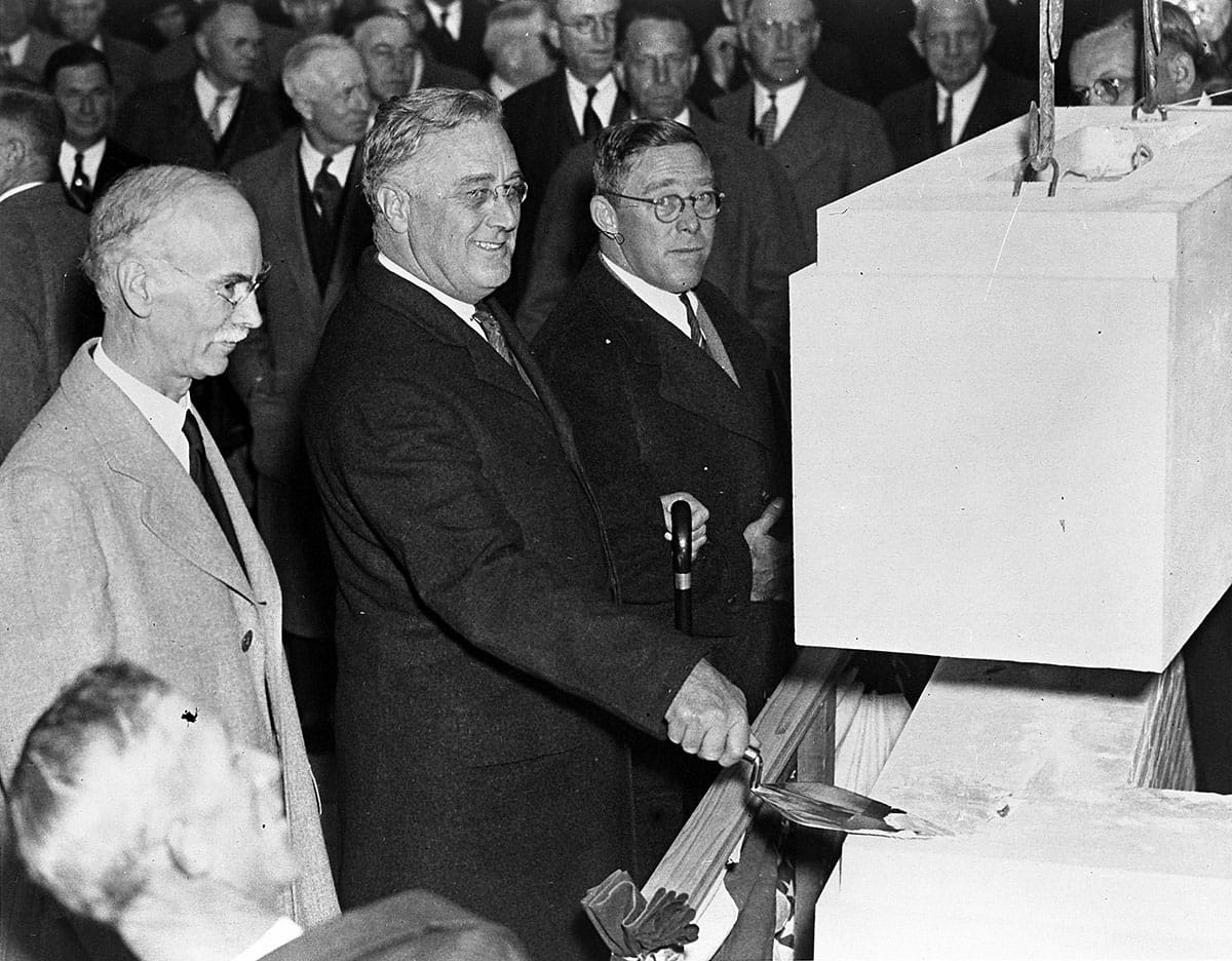President Roosevelt lays the cornerstone of what is now known as Weiskotten Hall (1936). This trowel is part of the Special Collections holdings at Upstate.